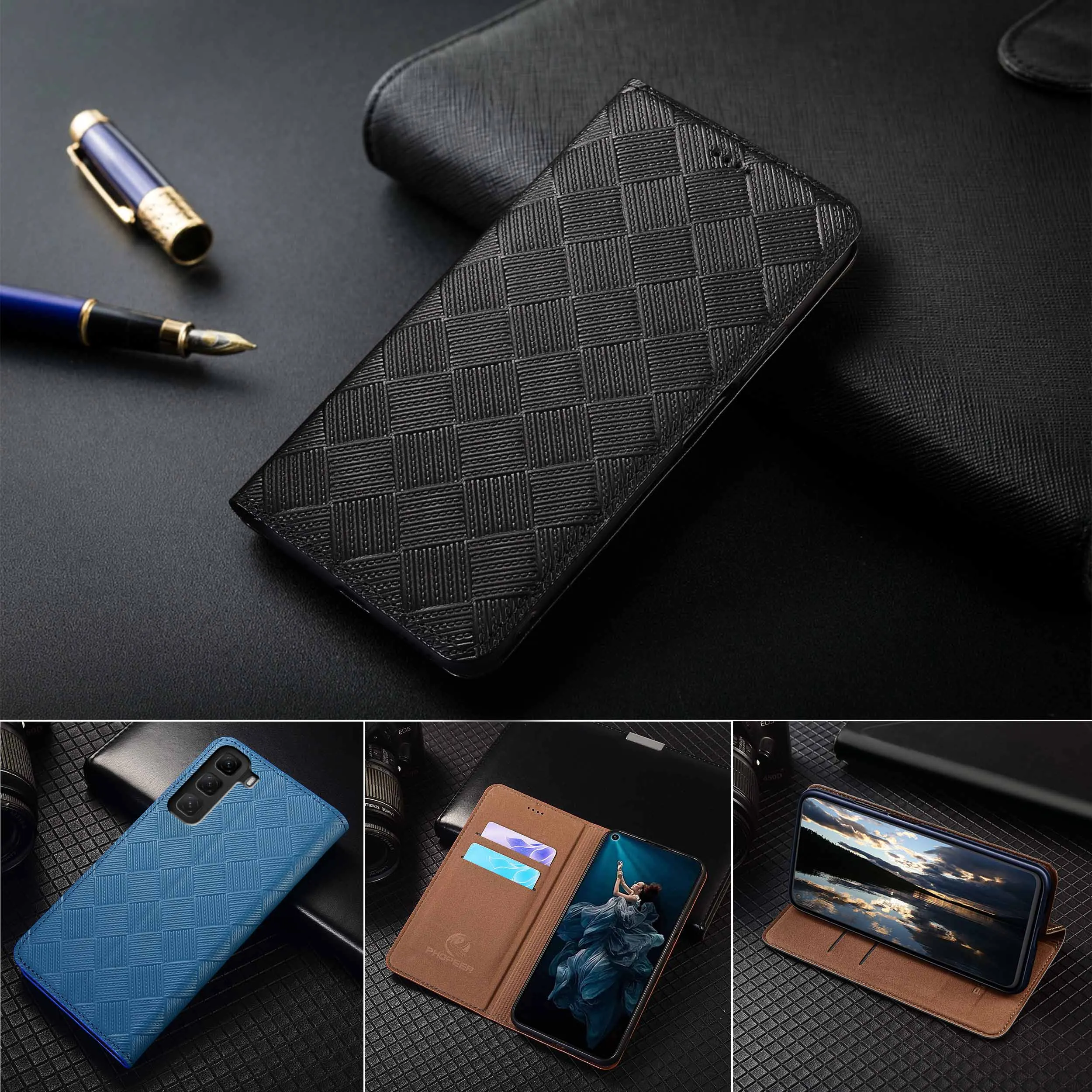 

For Infinix Hot 30 30i 40 40i 50 50i 60 60i Play NFC Pro Plus 4G 5G Knit Pattern Of Genuine Leather Wallet Flip Phone Cover Case