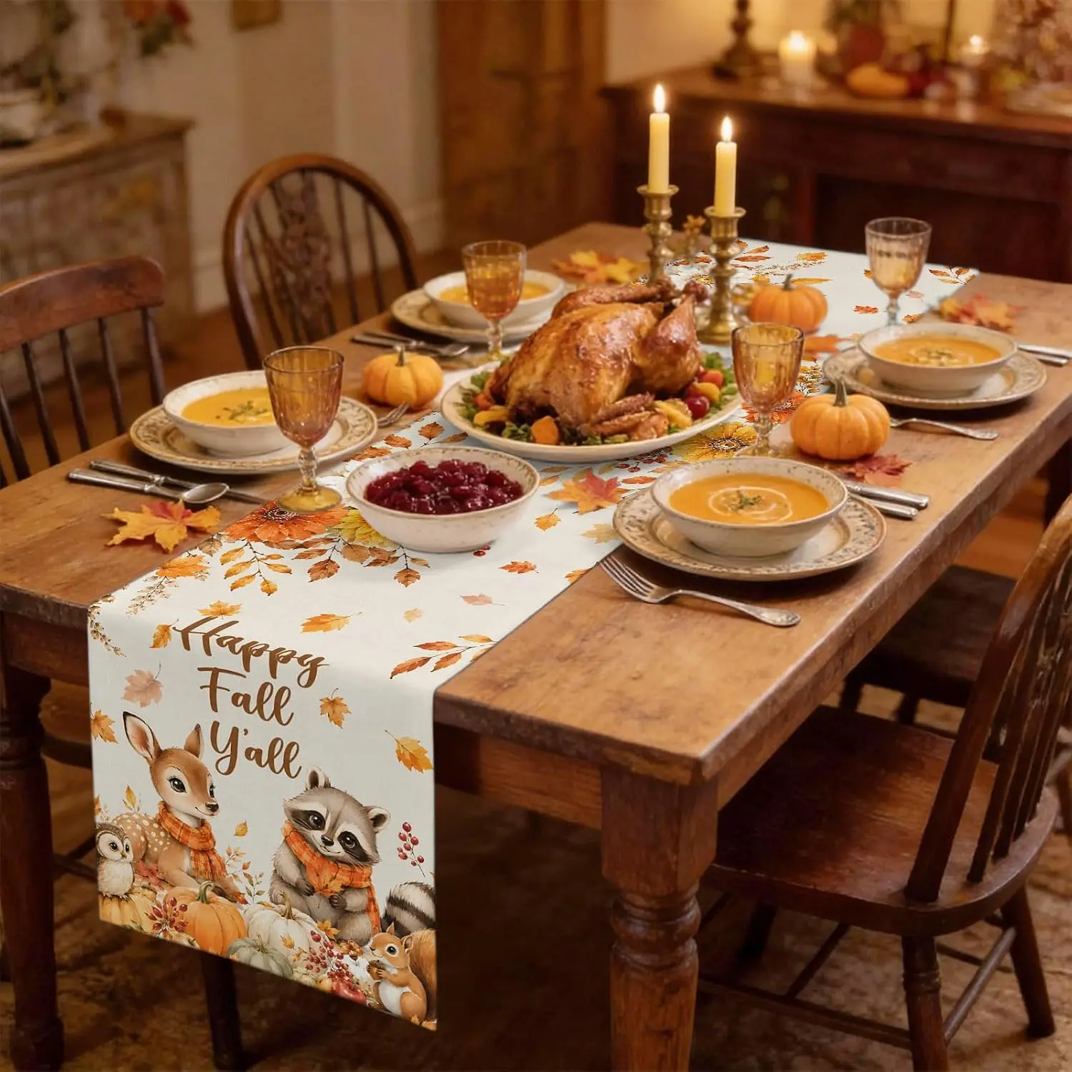 Thanksgiving Pumpkin Maple Leaf Linen Table Runner Party Decor Fall Deer Raccoon Owl Squirrel Kitchen Table Runners Autumn Decor