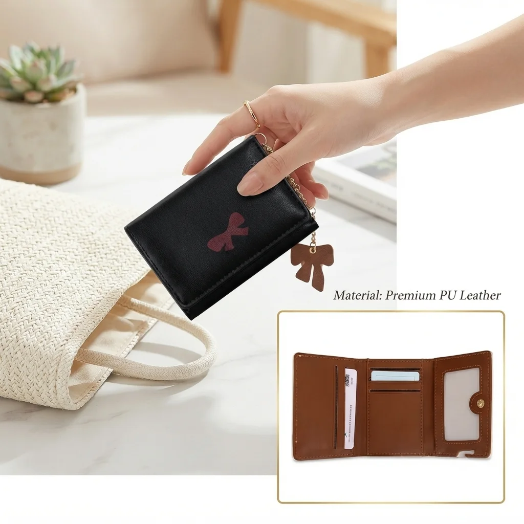 Women's Trifold Short Wallet Cute Bowknot PU Leather Card Holder Portable Multi-Functional Coin Purse Compact Organizer