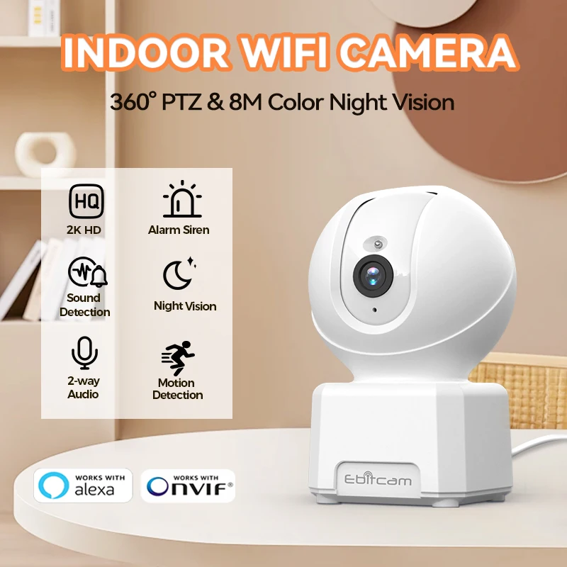 

Ebitcam 360° Camera 2K WIFI Auto Track 2-Way Audio IR Night Vision AI Human Detection IP Camera PTZ Indoor Security Surveillance