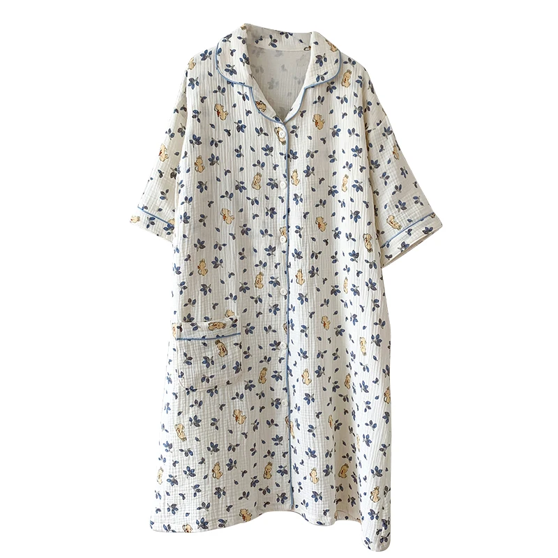 100% Cotton Double Gauze Nursing Nightdress for Maternity Summer Soft Thin Floral Printed Sleepwear Pregnancy Home Hospital Wear