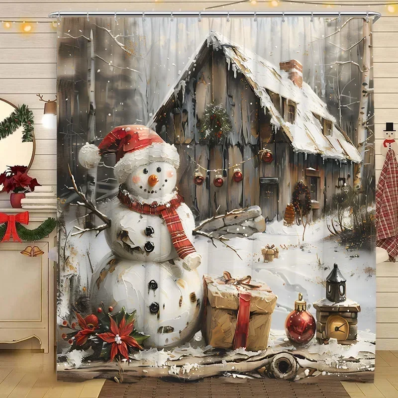 Christmas Shower Curtain Santa Claus Christmas Tree Cat Dog Winter Snowy Snowflake Home Polyester Fabric Bathroom Decor Curtai