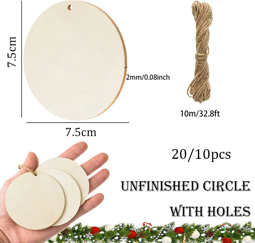 20/10pcs 7.5CM Natural Unfinished Round Wood Slices With Hole Blank Round Wood Gift Tags Ornaments for Christmas Home Decor