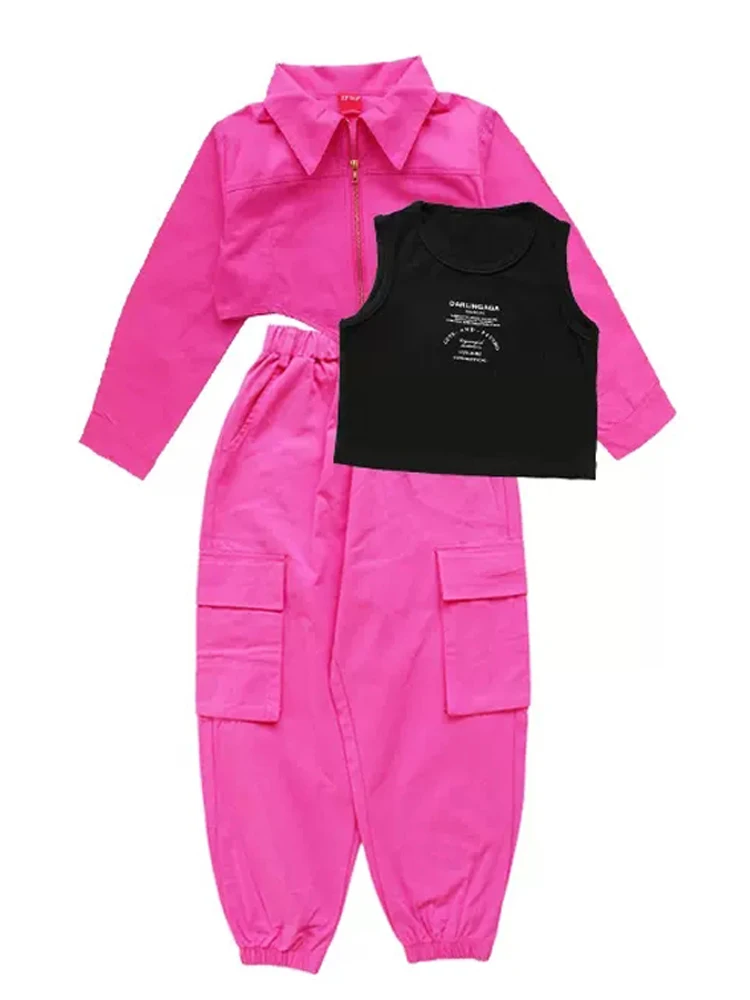 Vestiti da ballo Hip Hop rosa per bambini Kpop Costume Tooling Coat pantaloni Cargo ragazze Concert Group Hiphop Performance Outfit BL9485