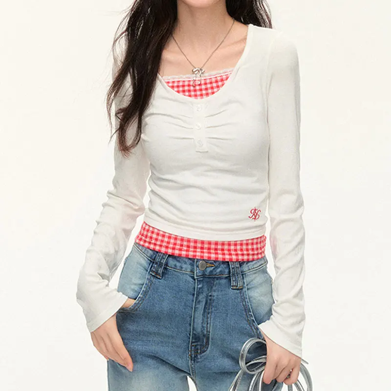 Female Clothing Plaid Spliced T-shirts Hotsweet Slim Spring Autumn Casual Round Neck Lace Stylish Folds Long Sleeve Pullovers