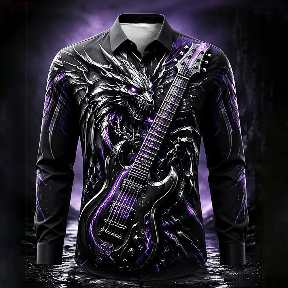 Halloween Men's Dragon Guitar Casual Shirt Long Sleeve Horror Dark Casual Streetwear Carnival Spring Fall Turndown Button Up