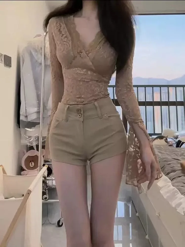 

American Style Spicy Girl High Waist Denim Super Short Shorts Women's Khaki Summer Y2K Millennium Style Slim Fit Elastic Butt...