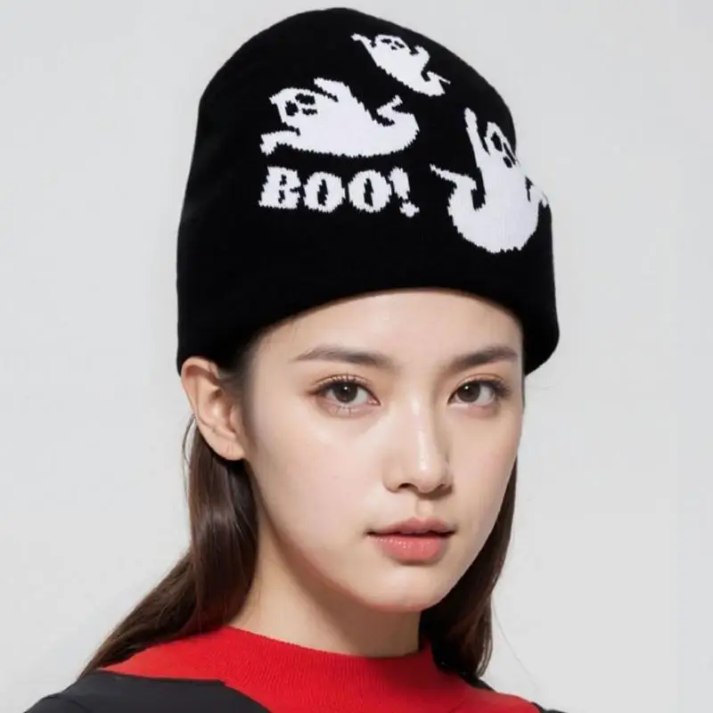 39BD Jacquard Knit Hat with Halloween Pattern and Brimless Pullover Hat Unisex