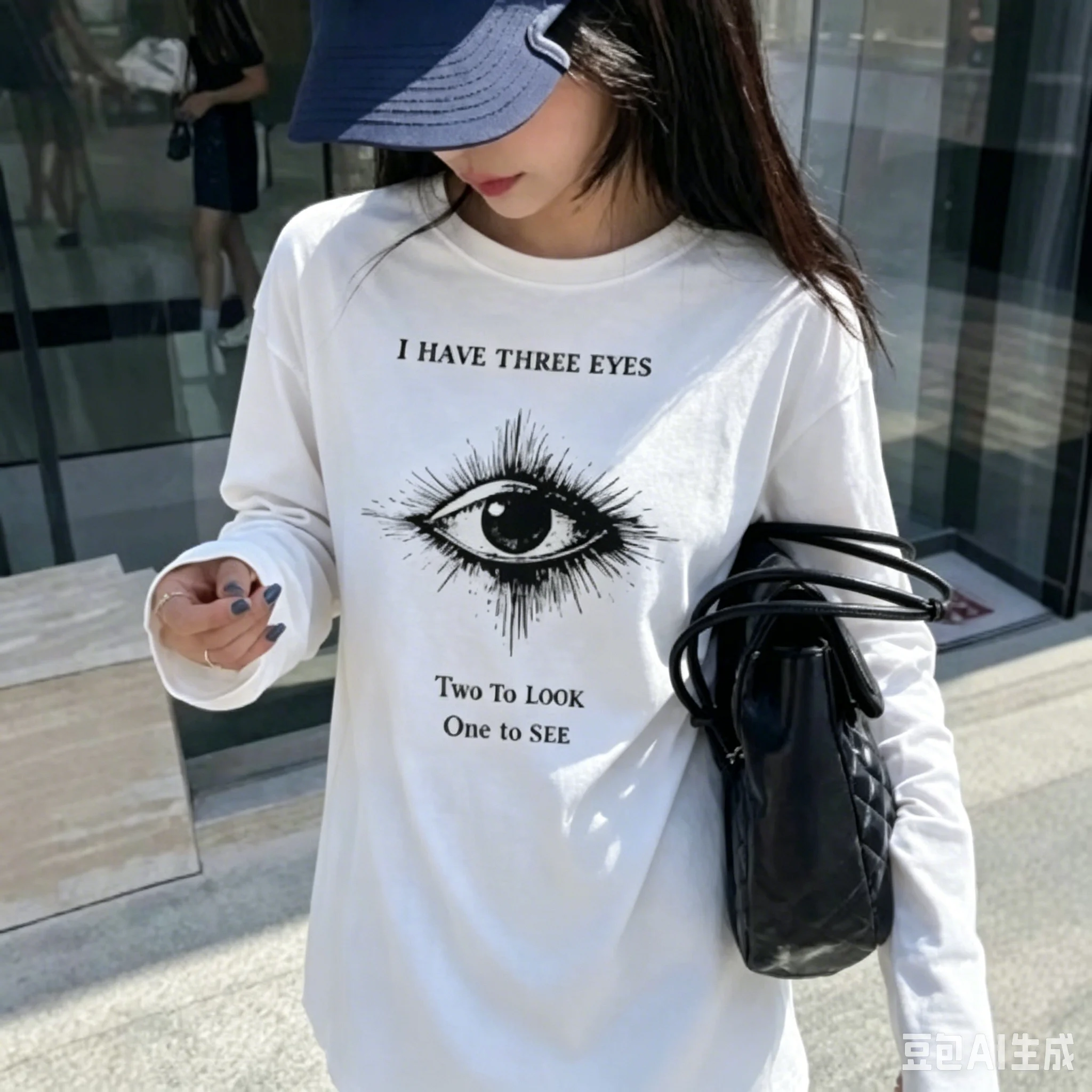 Hip Hop Oversized Long Sleeve Tee Grunge Sketch Large Single Eye Mysterious Text Print Soft Cotton Loose E-Girl Street Top