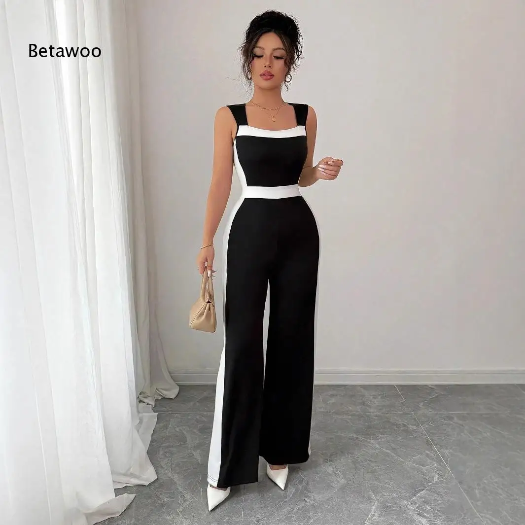 Slim Color Block Cami Wide Leg Jumpsuit Contrast Waistband Side Strip Detail Casual Daily Romper
