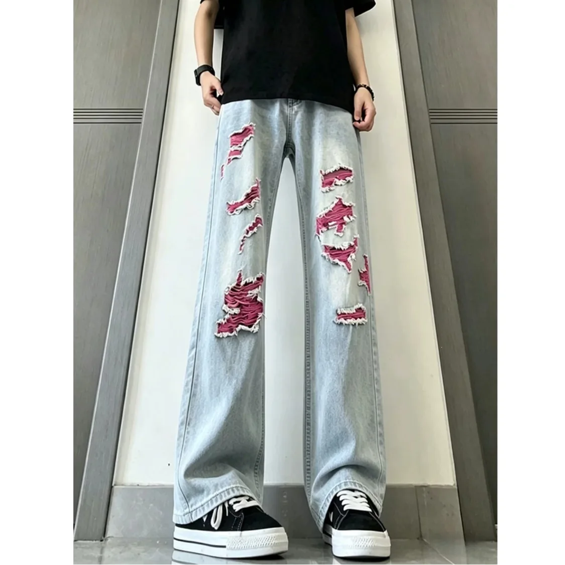 2026 New American Retro Washed Contrasting Color Ripped Jeans Men's Versatile High Street Beggar Straight Casual Pants