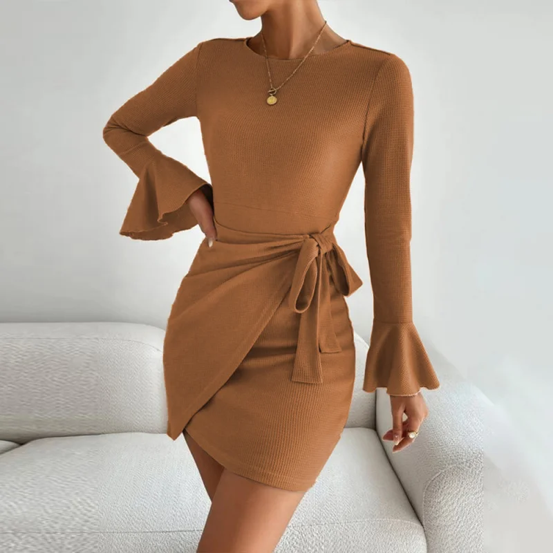 

YQ1-Women's Autumn Winter New Round Neck Slim Fit Bodycon Waffle Long Sleeve SexyaWord Dress