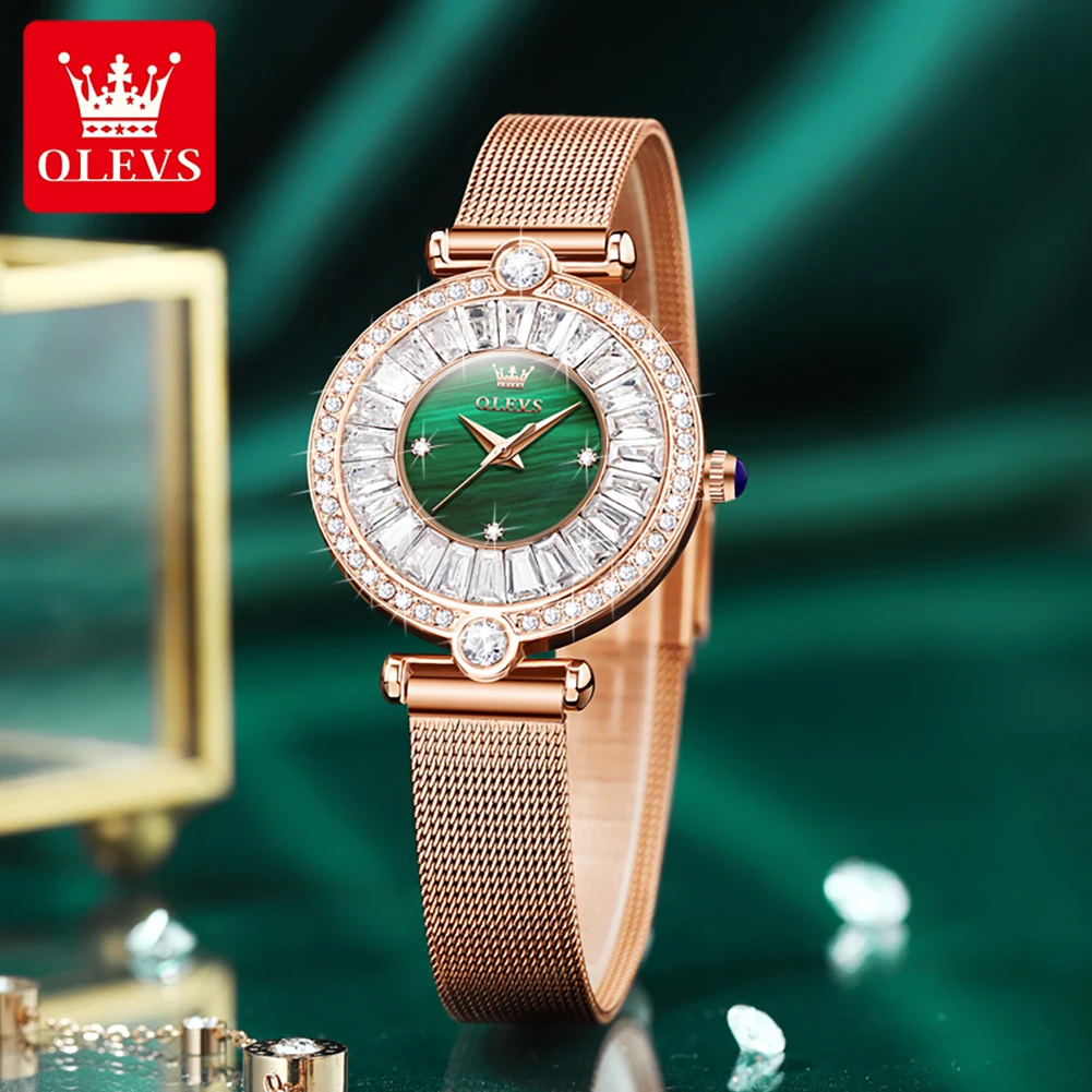 OLEVS 9963 Women's Watch Luxury Diamond Rose Gold Mesh Steel Band Fashion Brand Quartz Watch Elegant Women's Watch Reloj Mujer