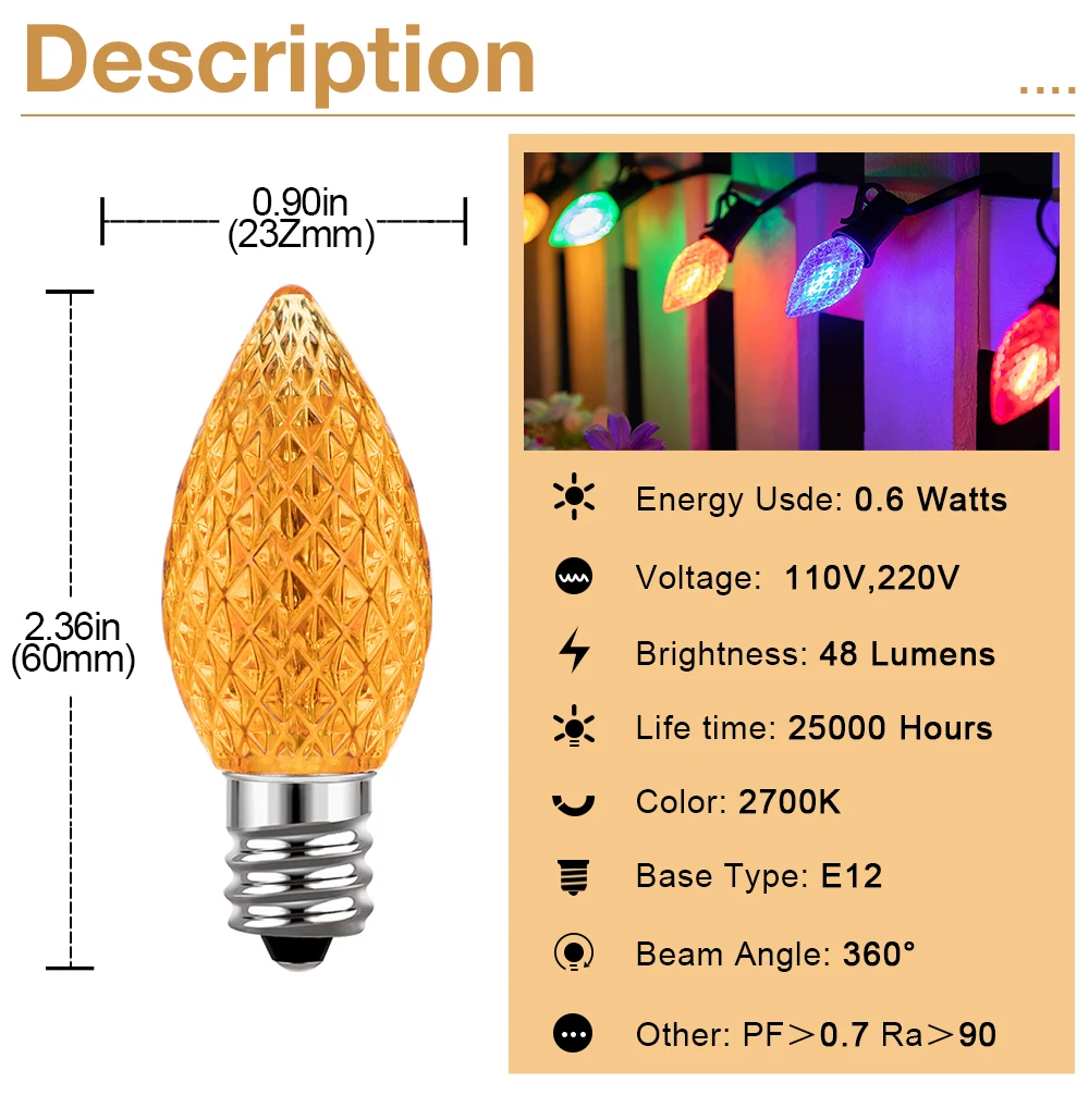 Multicolor C7 LED Light Bulbs 0.6W E12 Garden Decoration Night Lights Vintage Candle Lamps for C7 Outdoor String Lights