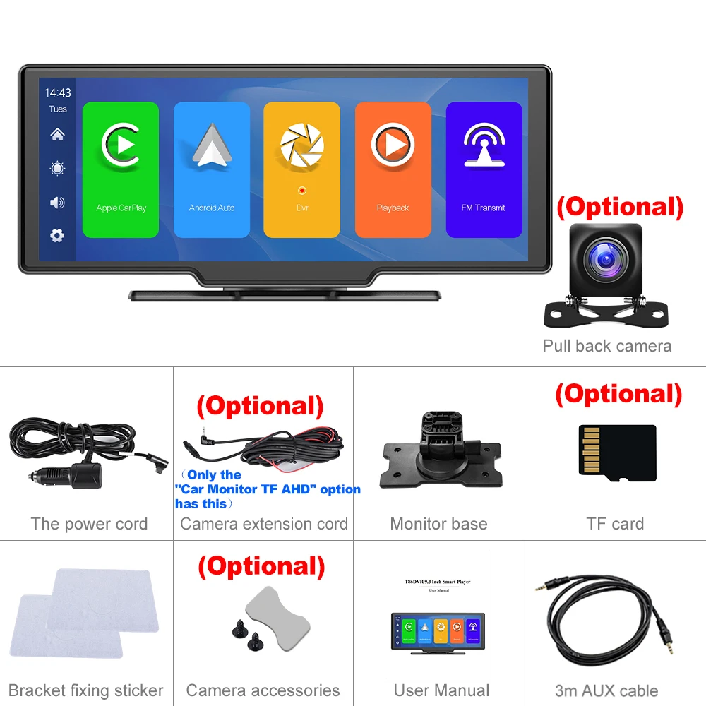 Podofo Autospiegel Video-opname Carplay & Android Auto Draadloze verbinding GPS-navigatie Dashboard DVR AI Voice