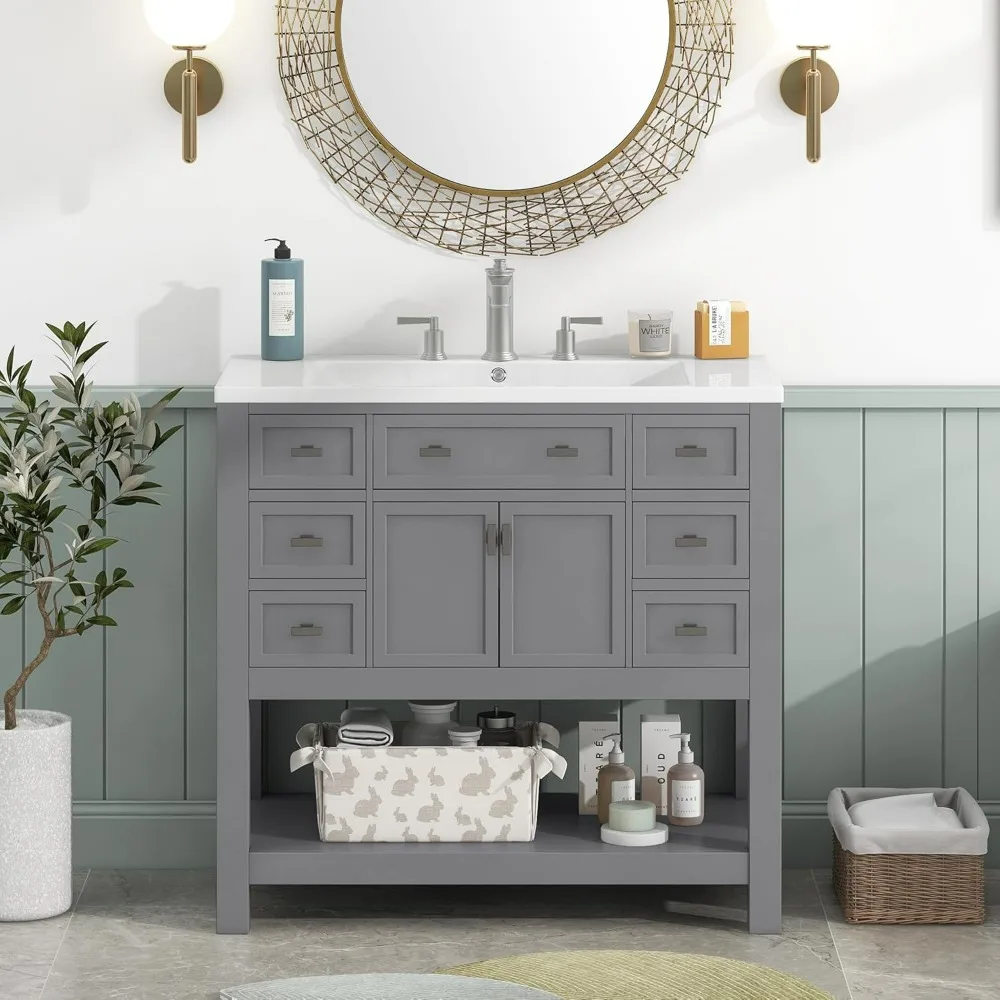 Bathroom Vanity with Single Sink Combo, Modern Bathroom Sink Cabinet with 2 Soft Closing Doors & 6 Drawers & Opening Shelf