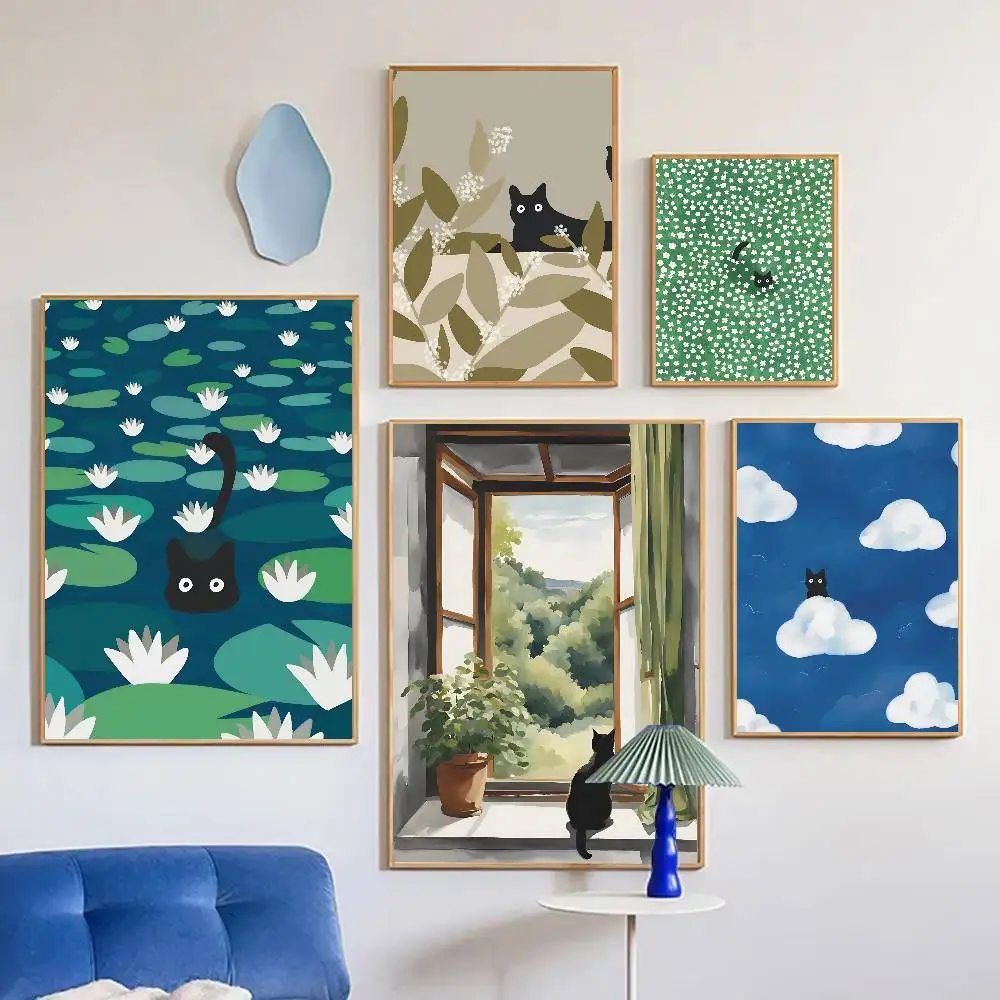 Abstract Black Cat Drawing Poster Self-adhesive Art Room Entrance Restaurant Wall Decor Art Painting