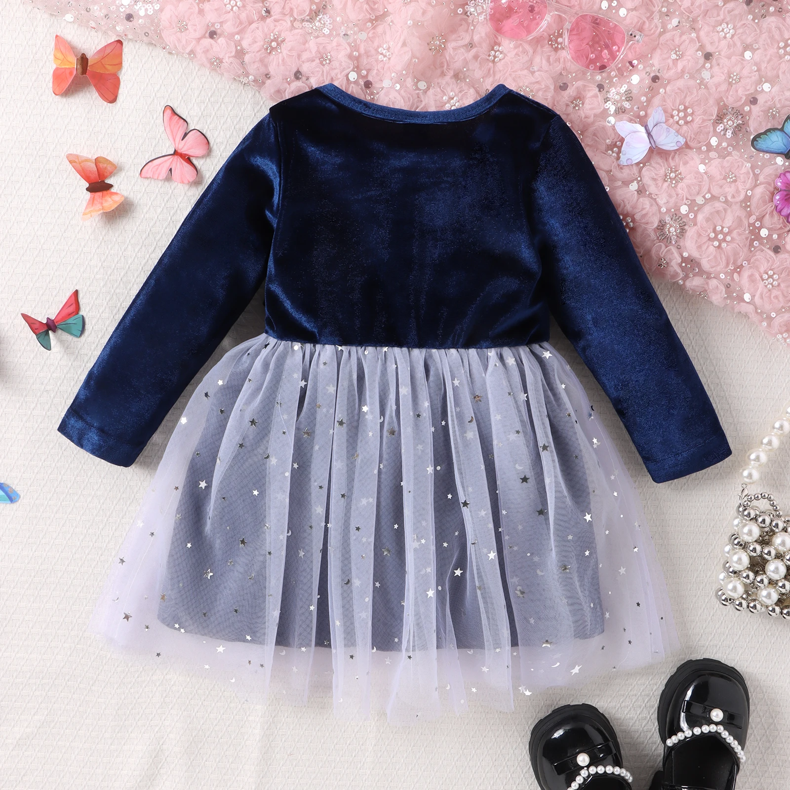 Autumn New Style 1-4-Year-Old Girl Baby Elegant Foreign Style Round Collar Pure Color Gold Velvet Long-Sleeved Mesh Dress