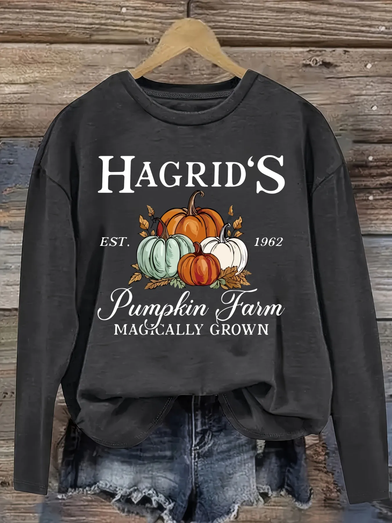 Women's Casual Long Sleeve Crew Neck T-Shirt Hagrids Pumpkin Farm Magically Grown Design, Round Neck Women's Clothing, Machine Washable, Slightly Elastic, Loose Fit, Spring Autumn Winter Women's T-Shirt, Halloween Costume Outfit
