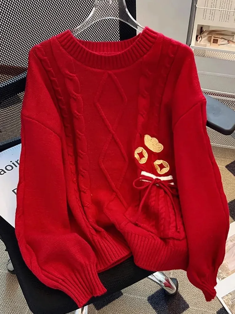 

Christmas Red O Neck Sweater Women Sweet Cute Embroidery Knitted Jumper Korean Lazy Wind Long Sleeve Sweet Fall Winter Pullover