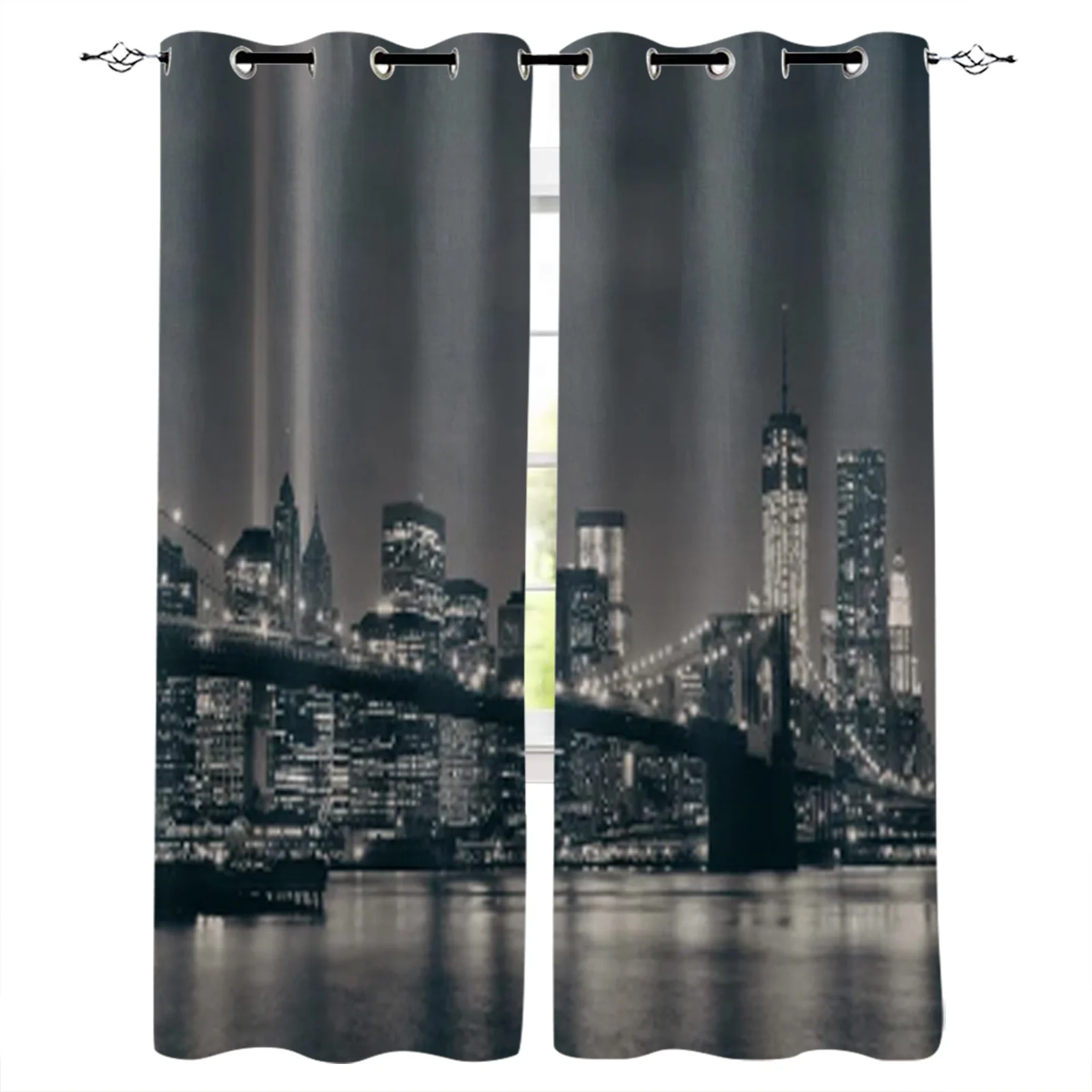 Scenery New York City Bridge Night Print Kitchen Curtain Window Treatment Living Room Office Decor Drape for Kid's Home Bedroom