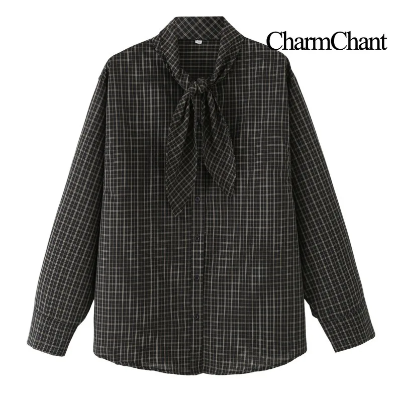 

CharmChant женская клетчатая рубашка с завязками на шее, весна-осень 2026, шикарная минималистичная винтажная повседневная блузка с длинными рукавами, топы для женщин