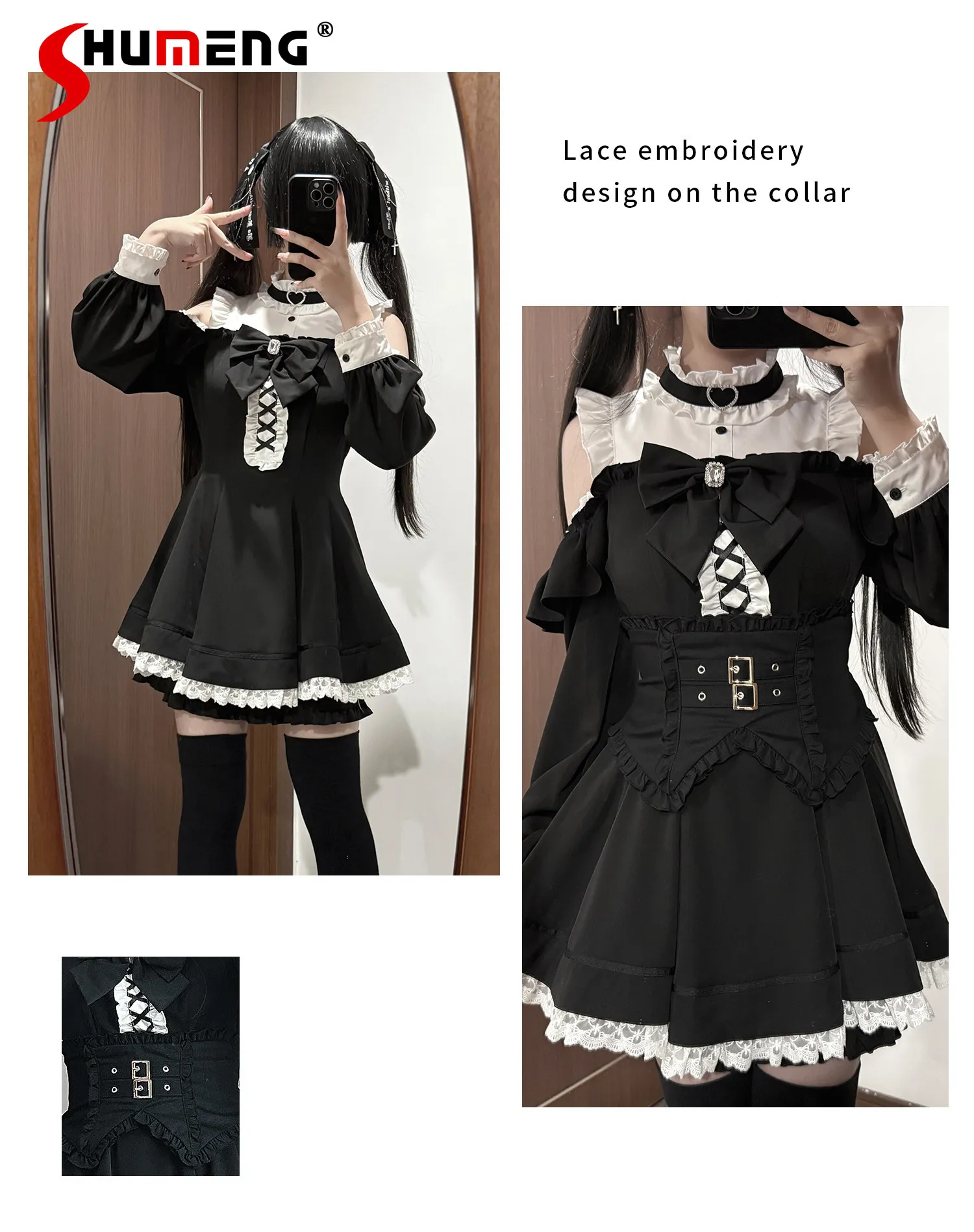 

Japanese Mines Style Mass-produced Lolita Suit Off-shoulder Long-sleeved Dress Waist Seal and Shorts Three-piece Set for Women