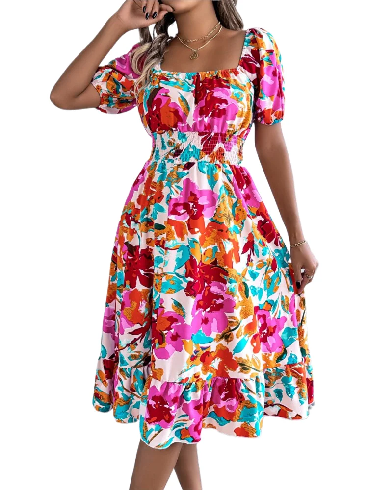 

Floral Print Dress For Women Fashion Short Sleeve High Waist Loose Dresses Lady Casual Boho Holiday Beach Skirts Womens Clothing