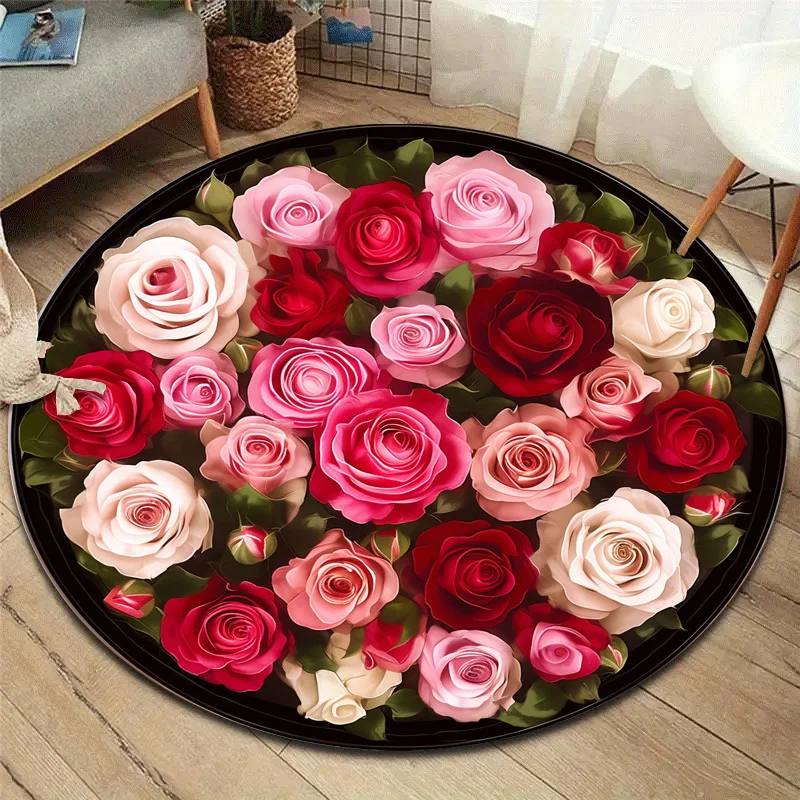 Rose Bouquet Round Rug Flannel Red Pink White Flowers Romantic Valentine Gift Wedding Anniversary Decor Bedroom Floor Mat Soft