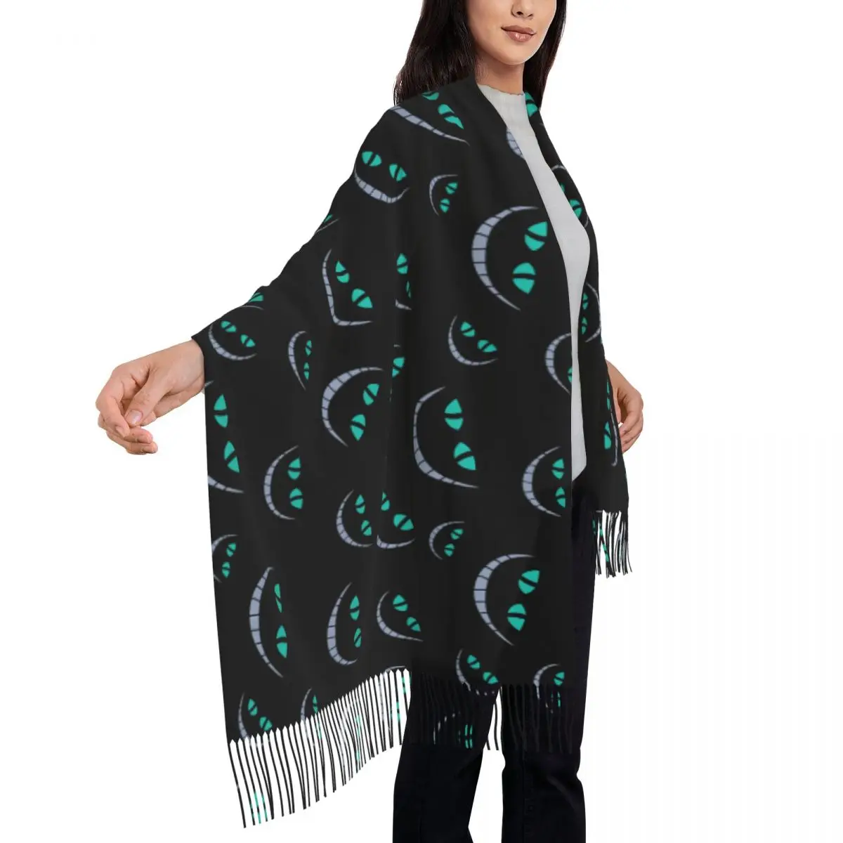 Custom Print Cheshire Cat Face Cartoon Scarf Women Men Winter Warm Scarves Shawl Wrap