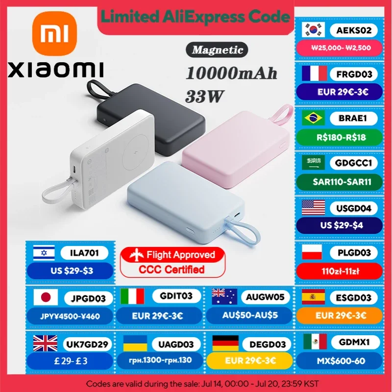 

XIAOMI 10000mAh 33W Magnetic Power Bank With Built‑in USB‑C Cable Wireless & Wired Fast Charging Type-C For Iphone 16 15 14 Pro
