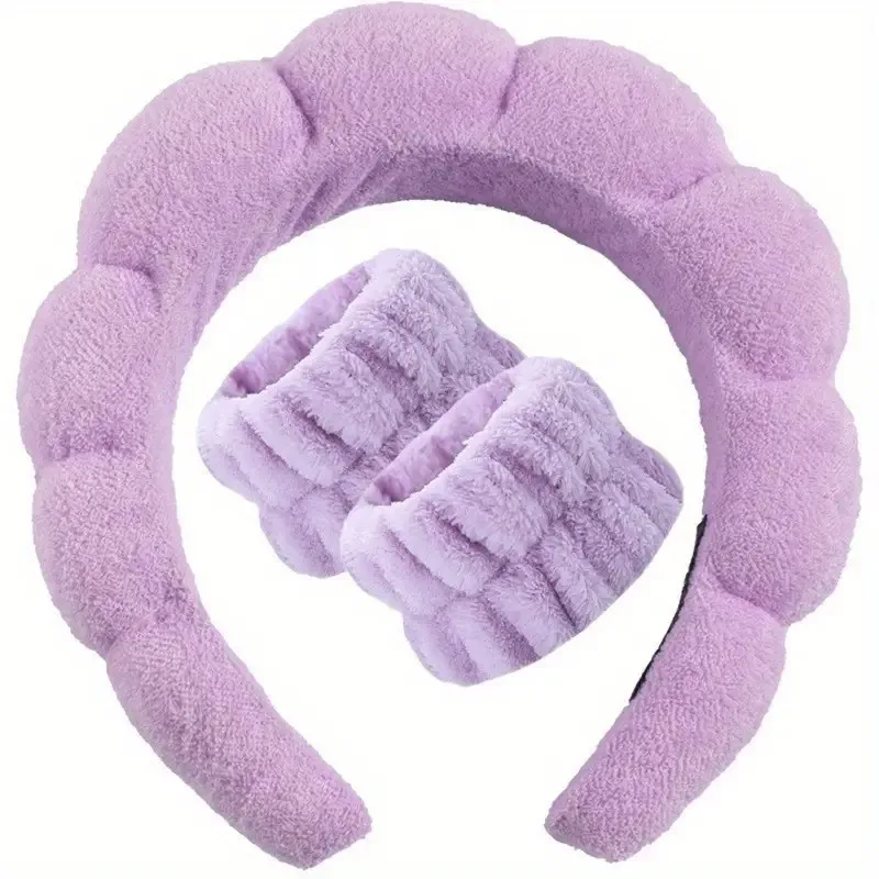 3pcs/Set Puffy Headband With Wristband Sponge Terry Towel Cloth Fabric Headband Set For Washing Face Skincare Spa Wear Makeup