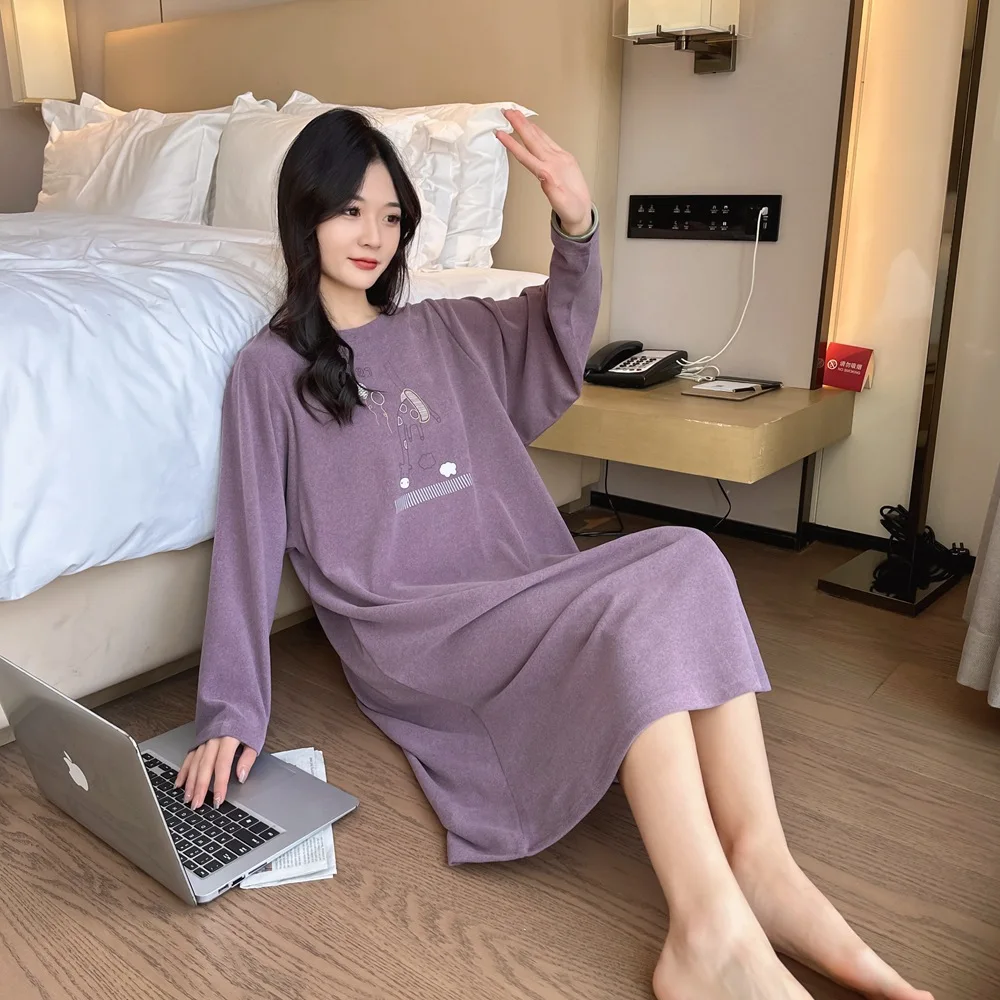 Autumn And Winter New Double Sided Velvet Home Clothes Sleeping Skirt Women's Loose Size Sleepwear Can Be Worn Outside Female