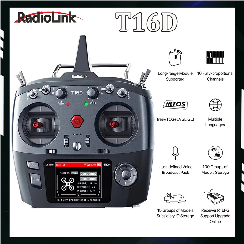 RadioLink RC 자동차 보트 드론용 RC 송신기, R16F 리시버 리모컨 포함, T16D 16 채널, 2.4GHz