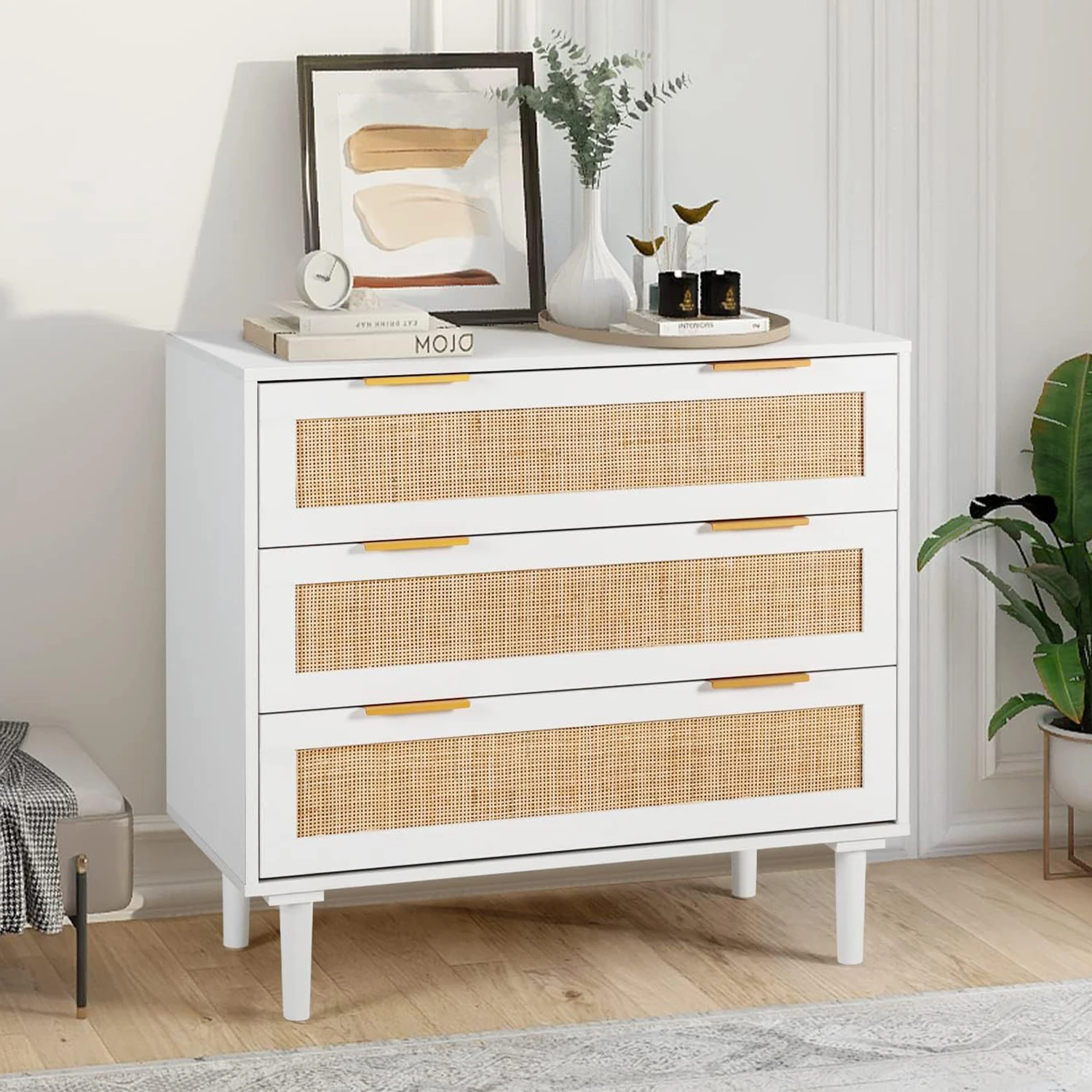 Custom Oak Wood Modern PanelKitchen Cupboard Chest of Drawers Cabinet with Solid Wood Leg Rattan Chest of Drawers