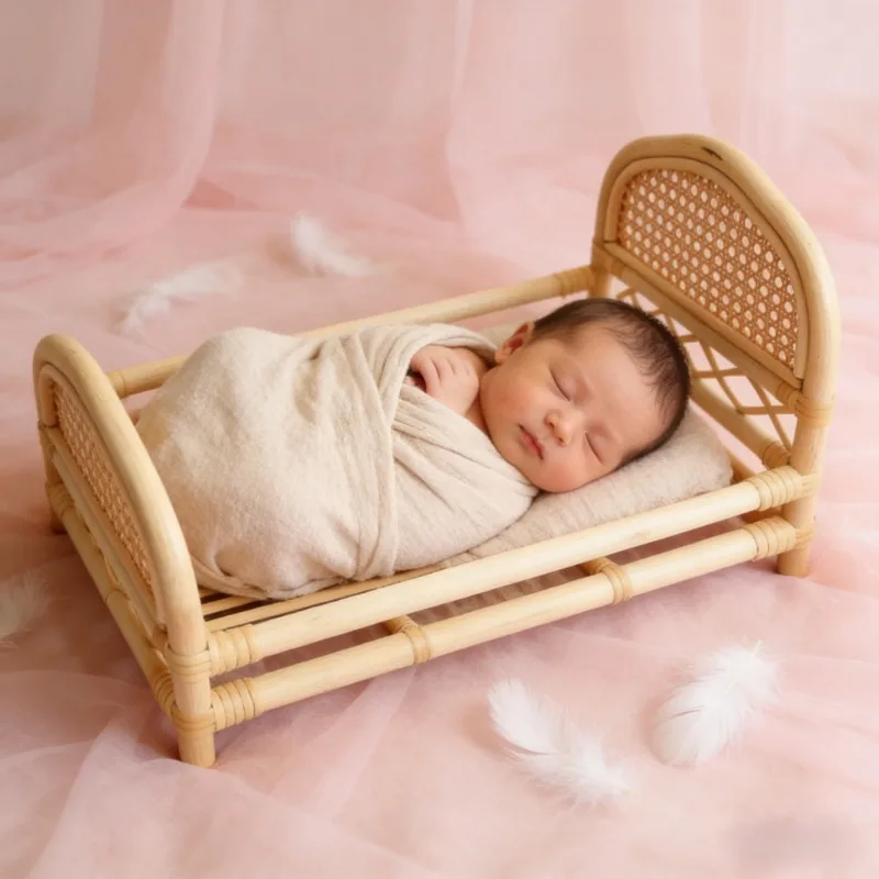 

Handmade Vintage Wooden Rattan Posing Bed Newborn Photography Props Background Accessories Shooting Gear for Infant Boys Girls