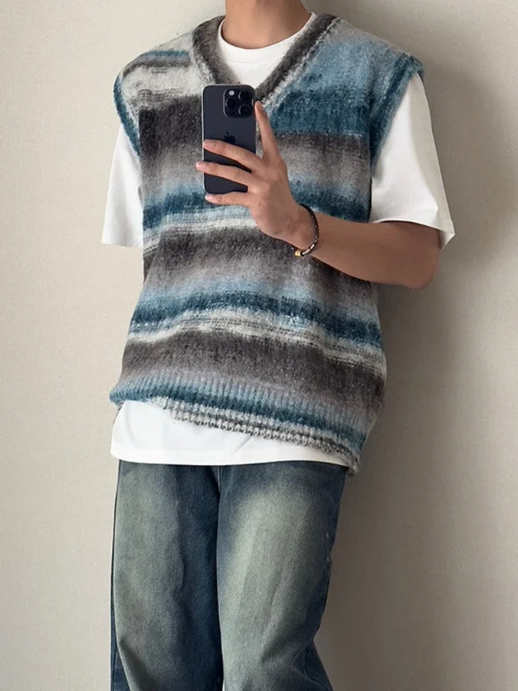 Man Clothes Tie Dye Vest Fleeced Knitted Sweaters for Men Striped Waistcoat Green Sleeveless V Neck Thick Winter Aesthetic Meme