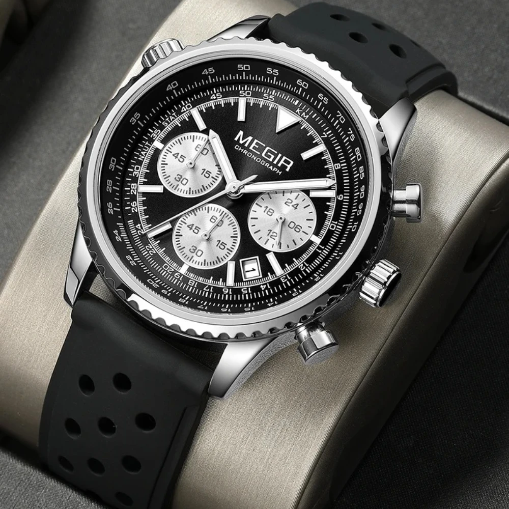 

MEGIR 2236 Fashion Men Quartz Sports Chronometer Watch Hands Night Light Calendar Large Dial Watch Silicone Strap Watch for Man