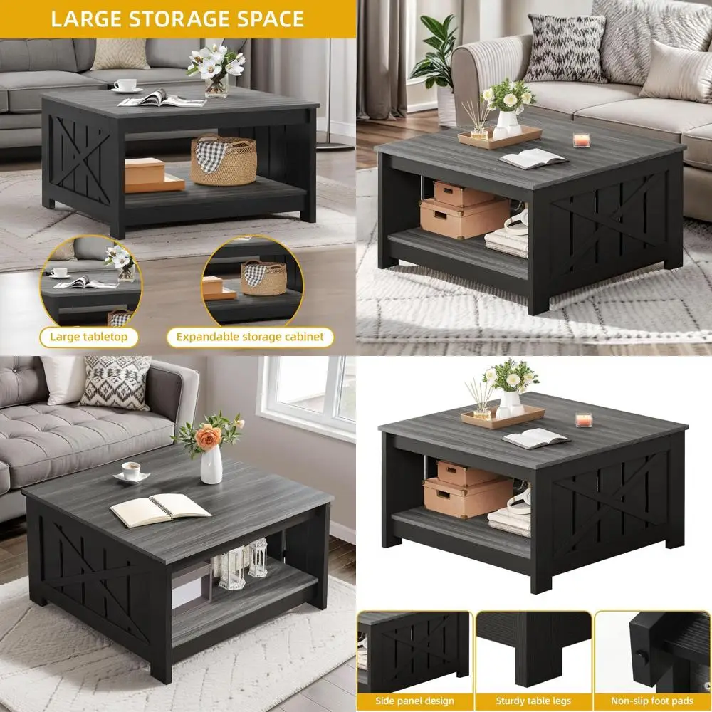 

Farmhouse-Style 2-Tier Coffee Table with Half Open Storage, Grey and Black