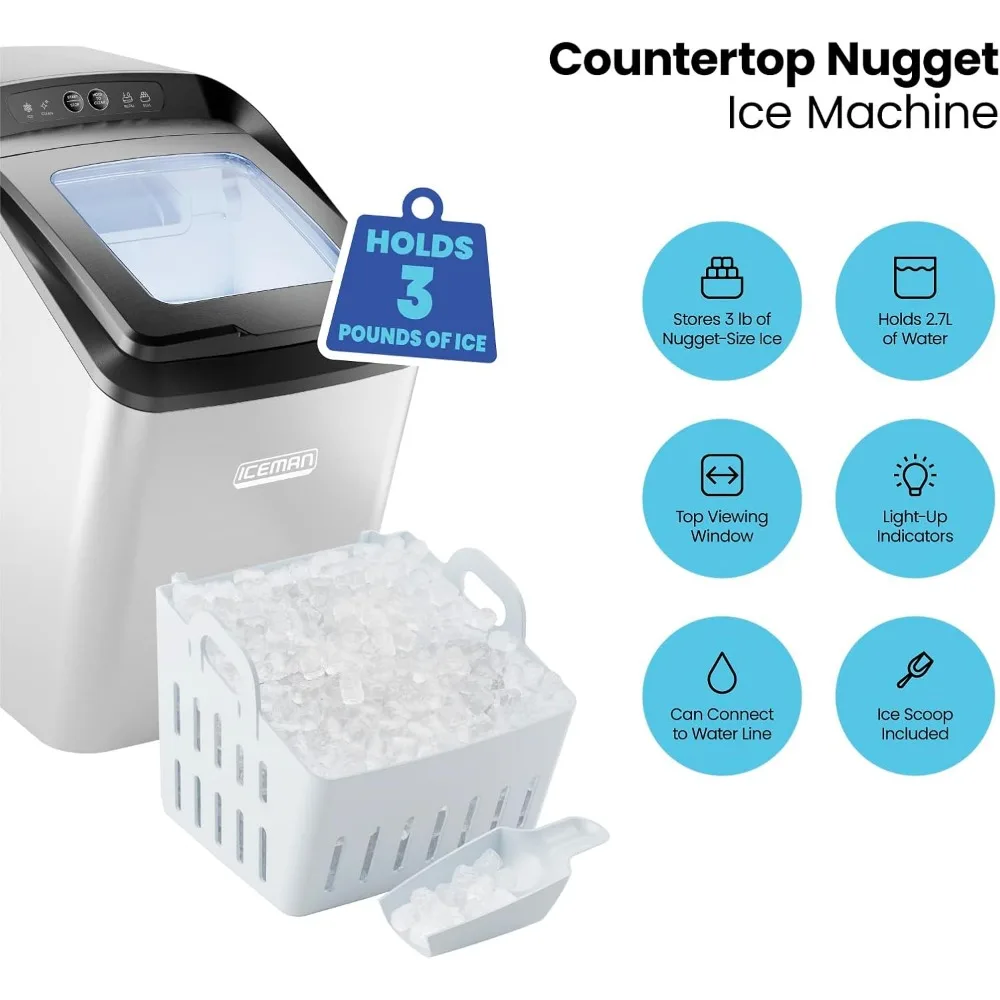 Countertop Nugget Ice Maker – Pebble Ice Machine, Soft Chewable Pellets in 20 Min, 26Lbs/24H, 3lb. Capacity, Waterline