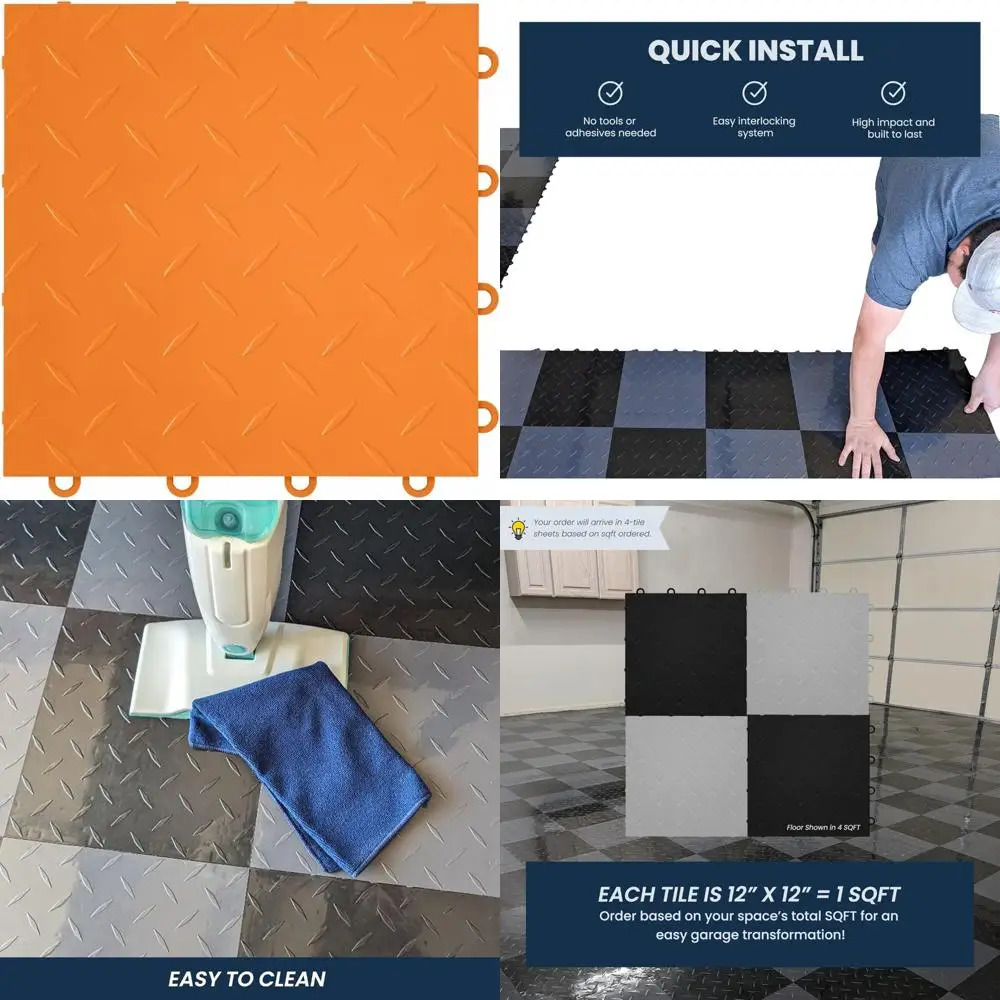 Piastrelle per garage in plastica ad incastro antiscivolo, motivo diamantato 12x12, arancione, set di 24 piastrelle, installazione semplice con fermaglio a scatto