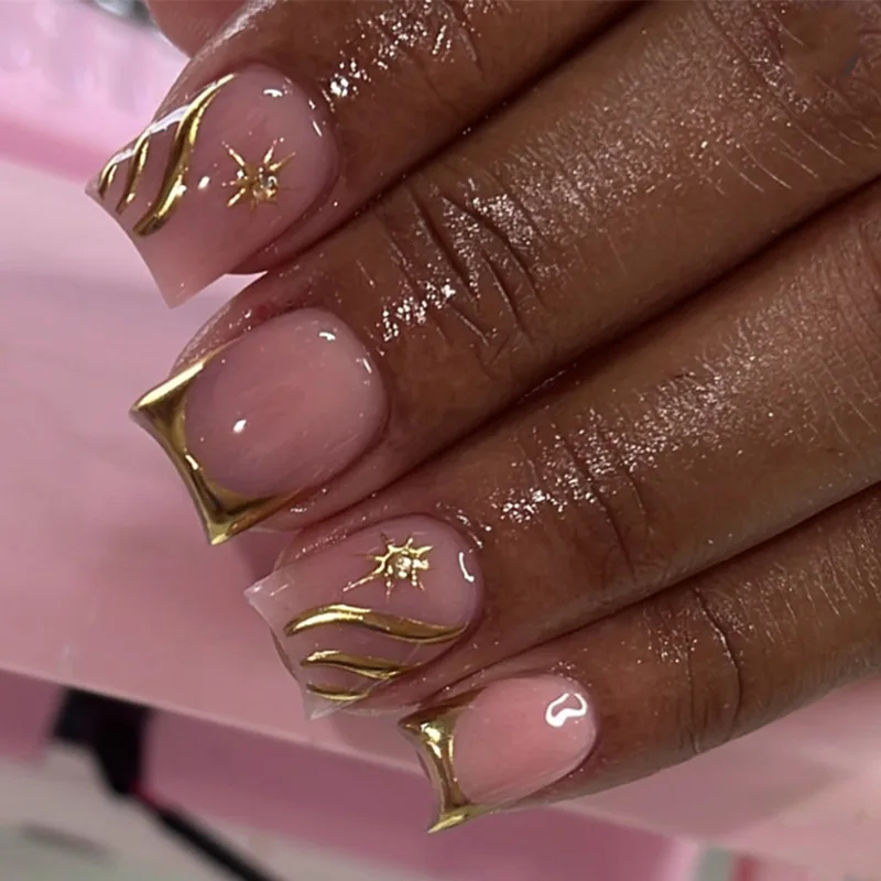 24 Uds. De uñas postizas simples cuadradas francesas doradas, uñas postizas usables, Uñas postizas, Uñas Postizas Наклад Ногти