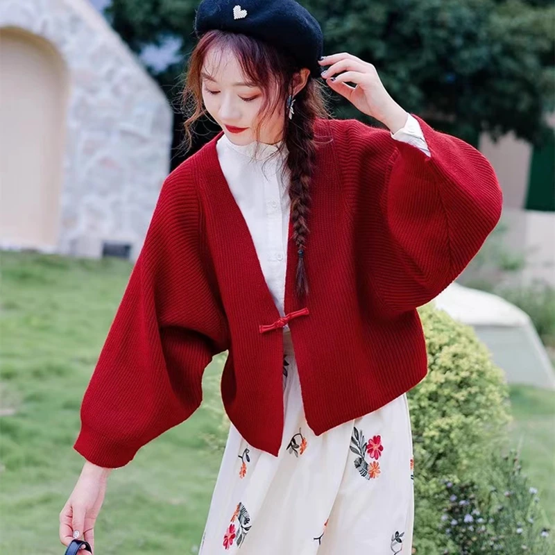 

Retro Chinese Sle Knitted Sweater with Button Batwing Sves Women's New Spring Autumn ort Outerwear V-Ne Warmth Emitting