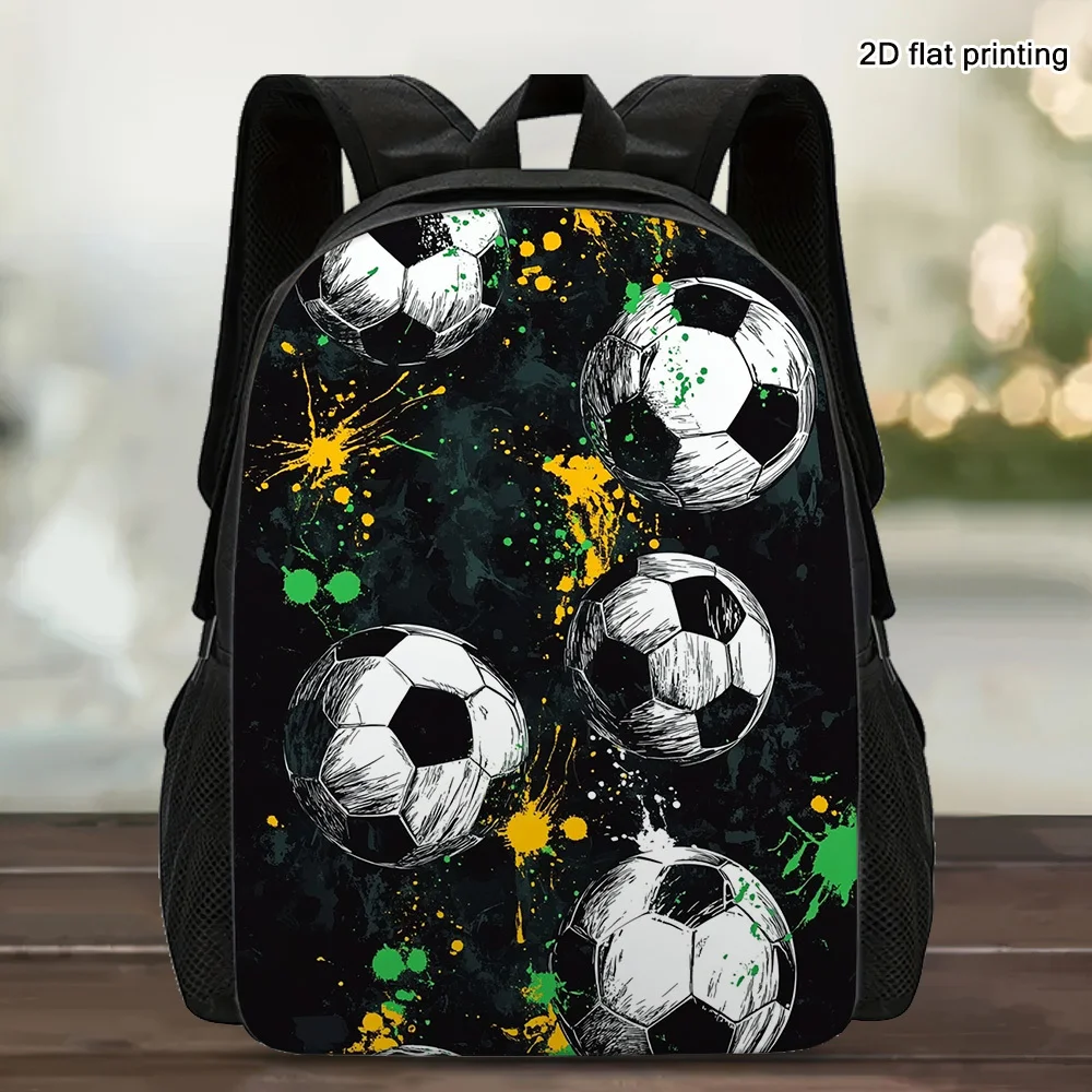 

1 piece stylish football themed backpack - 2D flat print, black and white green football pattern, adjustable shoulder strap