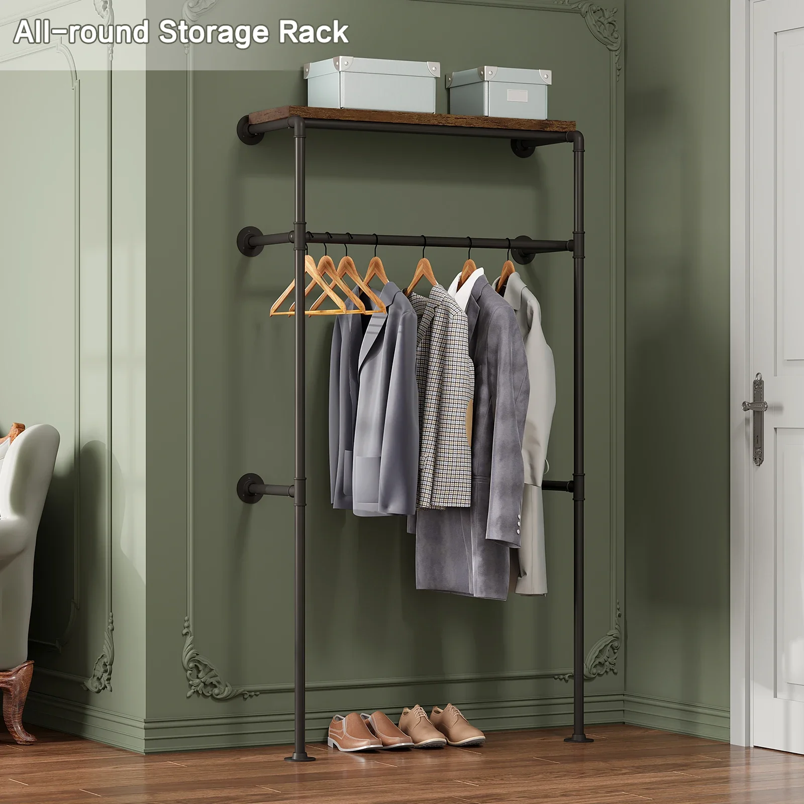 WOLTU Schlafzimmer-Kleiderschrank, Wandmontage, Kleiderständer, Stahlrohr, industrielle Kleiderstange mit MDF-Hängeregal für Garderobe