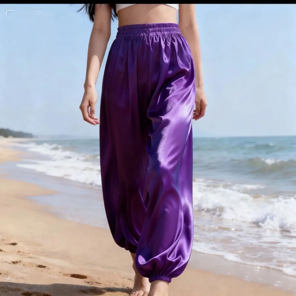 

Length 0.9-1m Glossy purple ice silk lantern women trousers loose one size sleeping pants