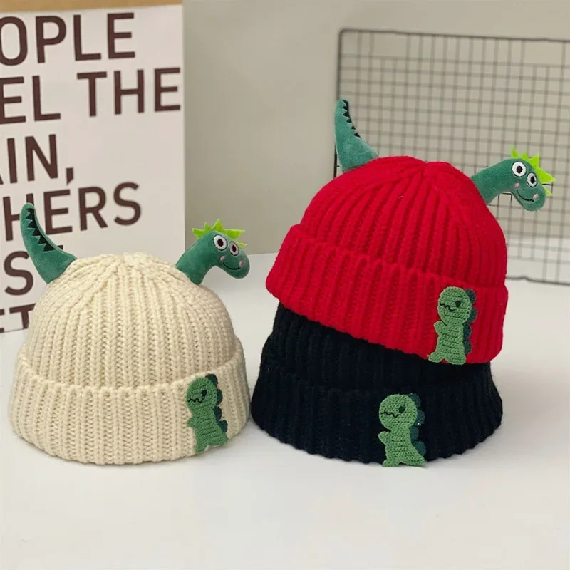 

Cartoon Dinosaur Baby Beanies Winter Warm Crochet Woolen Cap for Toddler Cute Solid Color Thick Knitted Hats