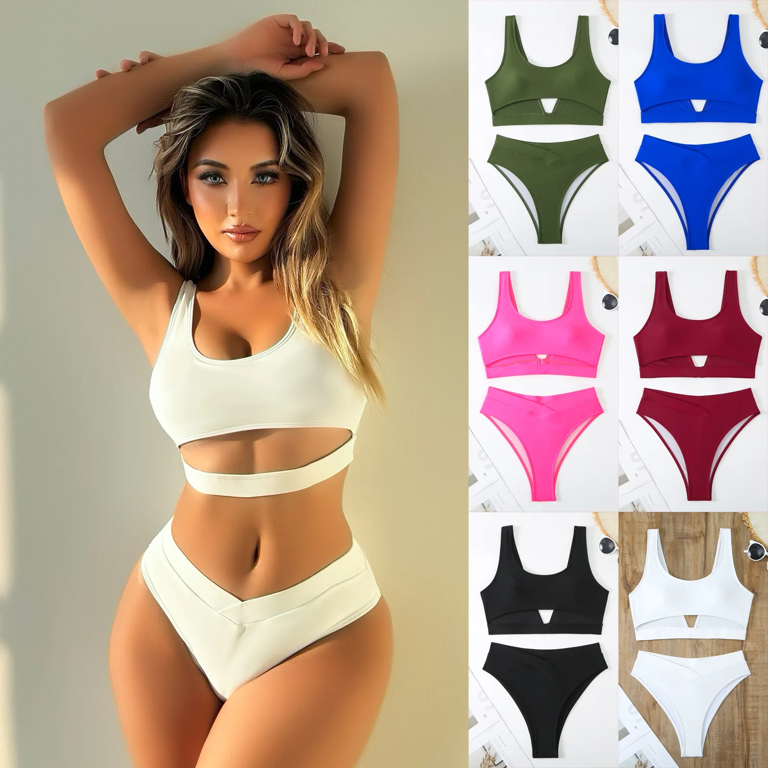 

2025 new bikini, solid color high waist sexy split swimsuit for women