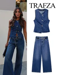 TRAFZA 2024 Summer Denim Trousers Set For Women Trend Slim Short Vest Top + Vintage Zipper Fly Women's Wide Leg Long Pant