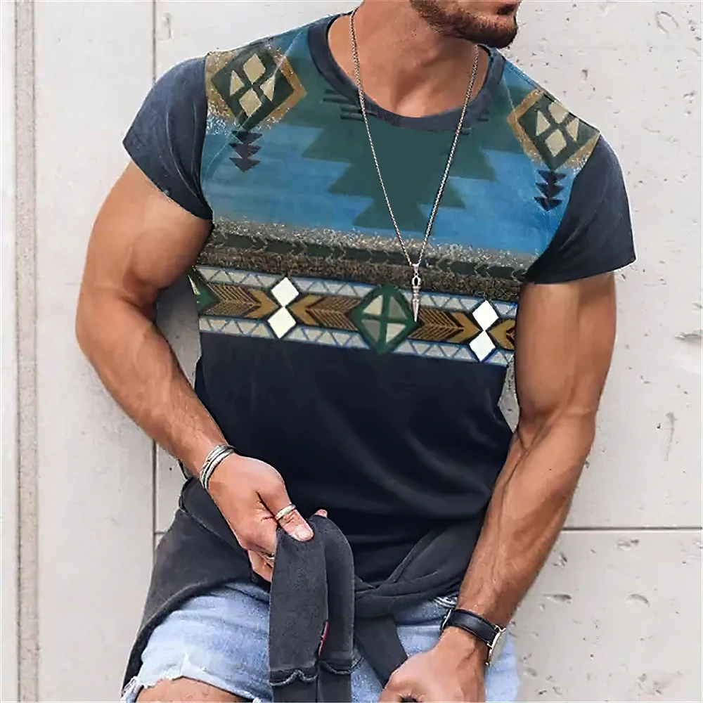 Summer men\'s ethnic retro T-shirt 3D printed T-shirt short sleeved holiday street photo T-shirt casual men\'s top loose size roun